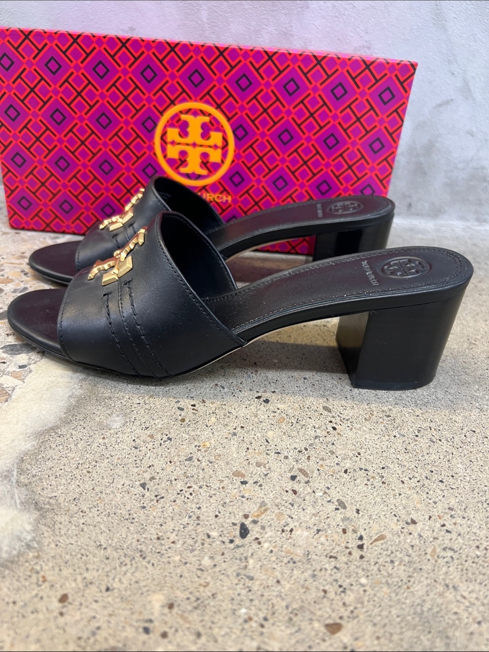Tory Burch Black Leather Logo Block Heel Mules with Gold Hardware - Picture 2 of 6